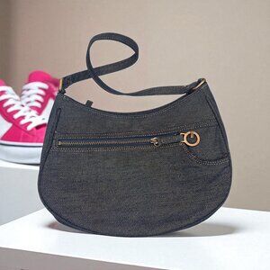 Guess Vintage Y2K Denim Shoulder Bag –Logo Charm, 10.5” Drop- Retro Red Interior